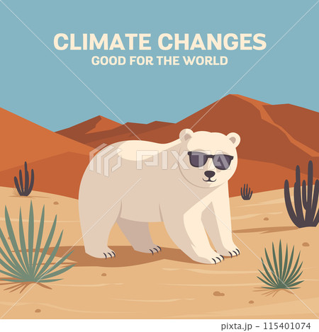 Cheerful polar bear in sunglasses in the desert. Global warming Cheerful polar bear in sunglasses in the desert. Global warming 115401074