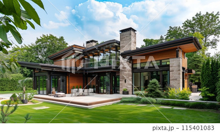 Beautiful new luxury real estate with front yard and driveway Beautiful new luxury real estate with front yard and driveway 115401083