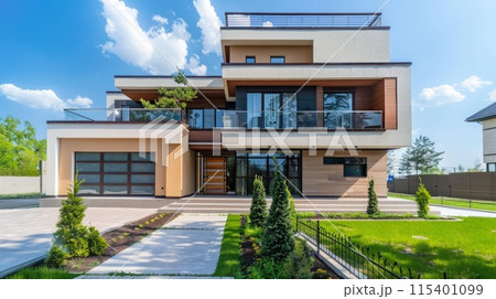 Beautiful new luxury real estate with front yard and driveway 115401099