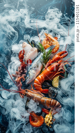 Side view of variety of fresh luxury seafood, Lobster salmon mackerel crayfish prawn octopus mussel and scallop, on ice background with icy smoke in seafood market With Copy space. 115401191