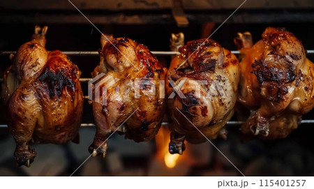 Roasted chicken in a row turning at industrial roaster 115401257
