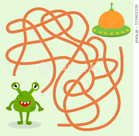 Help cute alien monster find path to UFO spaceship. Labyrinth. Maze game for kids. Messy line children logic game. Confusing path lines vector illustration. 115401339