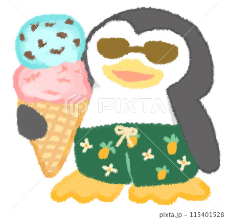 サングラスと水着を着てアイスを持つペンギン サングラスと水着を着てアイスを持つペンギン 115401528