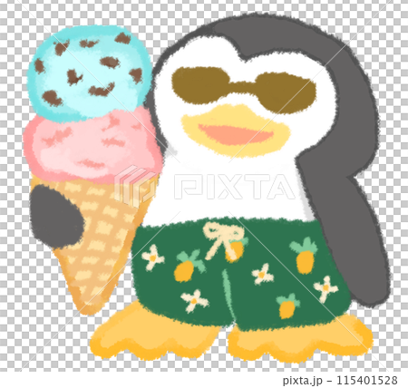 サングラスと水着を着てアイスを持つペンギン サングラスと水着を着てアイスを持つペンギン 115401528