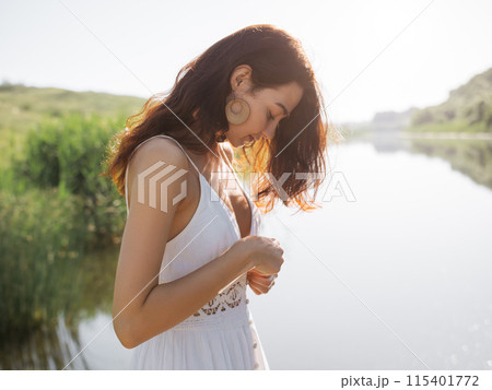 Tranquil Moment: Woman in White Dress by Serene Lakeside 115401772