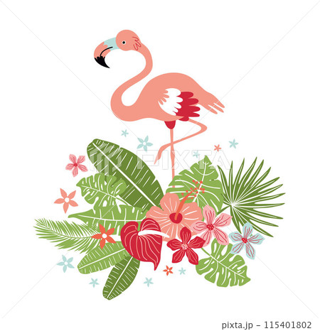 Vector illustration with pink flamingo and tropical plants, template for banners, cards, invitation cards, sales portcard t-shirt 115401802