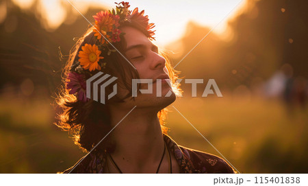 young male model with flower crown swaying to the music, his eyes closed in pure bliss 115401838