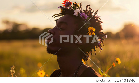 young male model with flower crown swaying to the music, his eyes closed in pure bliss 115401846