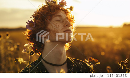 young male model with flower crown swaying to the music, his eyes closed in pure bliss 115401858