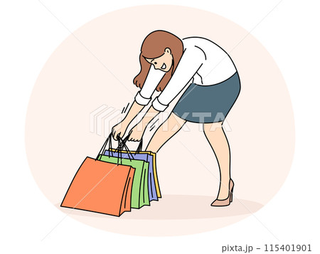 Smiling woman taking heavy shopping bags Smiling woman taking heavy shopping bags 115401901