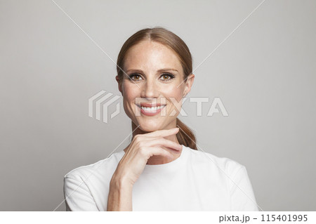 Smiling woman with cute smile looking at camera on white background, studio portrait 115401995