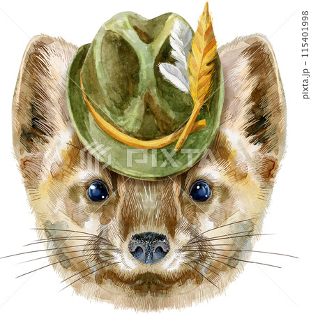 Watercolor portrait of a sable in green hat 115401998