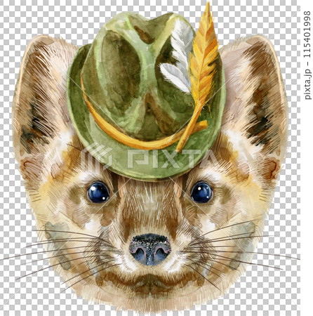 Watercolor portrait of a sable in green hat 115401998