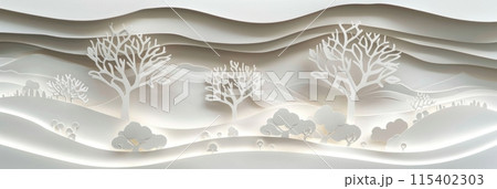 Delicate paper-cut scenes feature a snowy forest and fir trees, symbolizing New Year and Merry Christmas with their tranquil atmosphere and festive allure, banner 115402303
