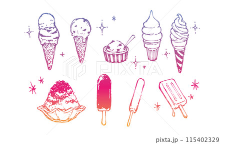 お洒落でかわいい手描きの冷たいスイーツのイラスト装飾セット　アイスクリーム　ソフトクリーム　かき氷 115402329
