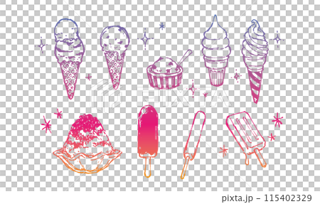 お洒落でかわいい手描きの冷たいスイーツのイラスト装飾セット　アイスクリーム　ソフトクリーム　かき氷 115402329