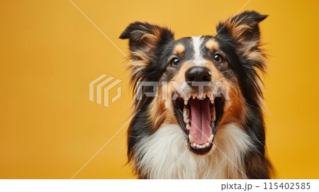 Collie, angry dog baring its teeth, studio lighting pastel background 115402585