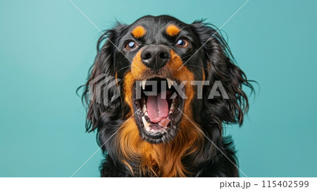 Gordon Setter, angry dog baring its teeth, studio lighting pastel background 115402599