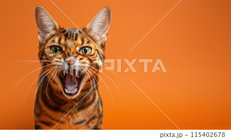 Bengal, angry cat baring its teeth, studio lighting pastel background 115402678