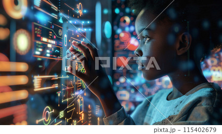 a young child is interacting with a holographic interface, full of floating data and colorful graphs a young child is interacting with a holographic interface, full of floating data and colorful graphs 115402679