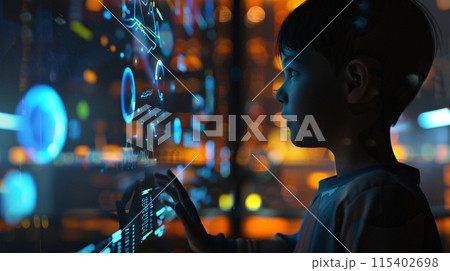 a young child is interacting with a holographic interface, full of floating data and colorful graphs 115402698