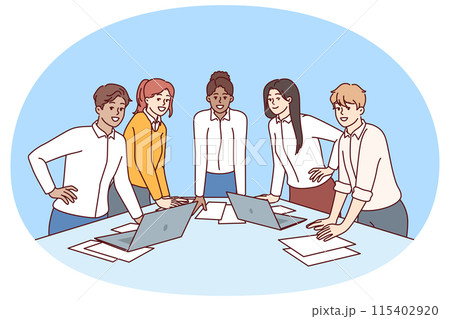 Team diverse business people stand at table with papers and laptops discussing company marketing Team diverse business people stand at table with papers and laptops discussing company marketing 115402920