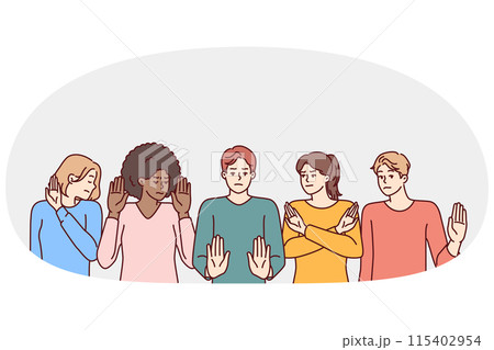 Group of multiethnic people show stop gestures not wanting to accept discrimination Group of multiethnic people show stop gestures not wanting to accept discrimination 115402954