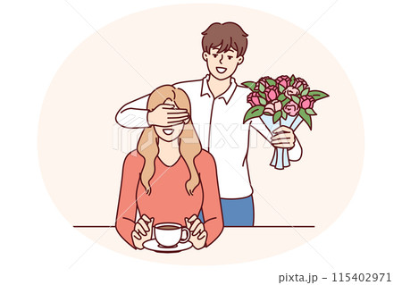 Romantic man with bouquet closes girlfriend eyes, wanting to make surprise and give favorite flowers Romantic man with bouquet closes girlfriend eyes, wanting to make surprise and give favorite flowers 115402971