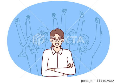 Woman leader standing with arms crossed near team located behind and making victorious wave of hands Woman leader standing with arms crossed near team located behind and making victorious wave of hands 115402982