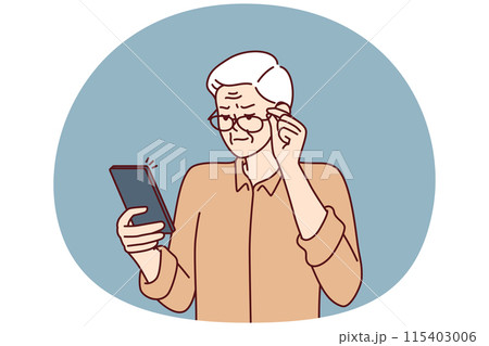 Elderly man with poor eyesight squint looking at screen of mobile phone to read SMS 115403006
