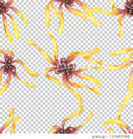 Yellow hamamelis flowers seamless pattern. Witch hazel vibrant floral textile, cosmetics packaging clipart. Botanical print for kitchen, curtains, home textile, herbal medicine, natural remedy labels 115403366