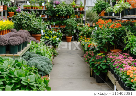 Ai generated Decorative potted green plants for sale at a garden center. 115403381