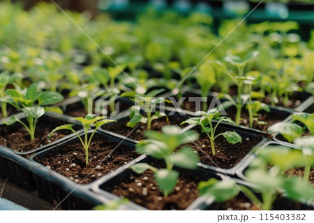 Ai generated Close up of small plant growing in greenhouse. flower green seedlings. 115403382