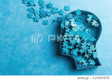 Ai generated Puzzle in a shape of human head losing pieces as brain damage or loss memory on blue background 115403478
