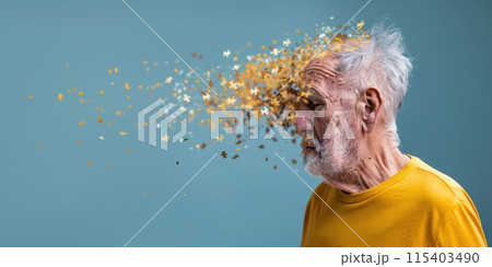Ai generated Elderly senior old man suffering from dementia with puzzles on head loosing memory 115403490