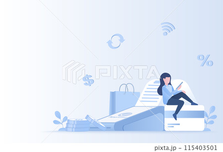 Easy payment concept. Online shopping, payment approved, exchange currency, electronic statement, transactions and money transfer. Flat vector design illustration. 115403501