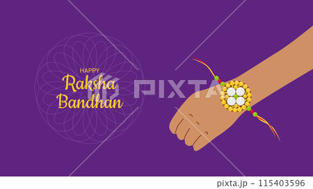 Happy Raksha Bandhan Indian Festival rakhi banner. Arm with bracelet. Greeting card invitation design web design. Vector illustration. Happy Raksha Bandhan Indian Festival rakhi banner. Arm with bracelet. Greeting card invitation design web design. Vector illustration. 115403596