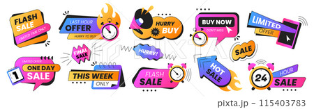 Last time offer badges, promo stickers hot sales labels in flat style Last time offer badges, promo stickers hot sales labels in flat style 115403783