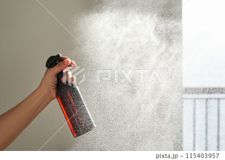 A woman's hand sprays an air freshener in a room. 115403957