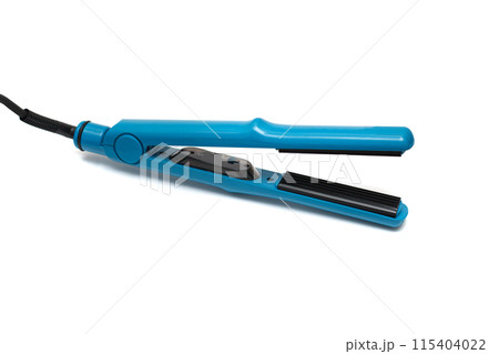 Blue hair straightener on white background Blue hair straightener on white background 115404022