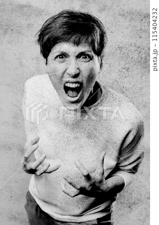 Fury. Frustrated and angry woman screaming. Modern art collage, design. 115404232