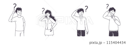 Question with Thoughtful Man and Woman Scratching Head over Riddle Vector Set Question with Thoughtful Man and Woman Scratching Head over Riddle Vector Set 115404434