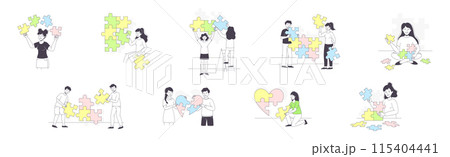 People Assembling Jigsaw Puzzle Connecting Mosaiced Pieces Together Vector Set 115404441