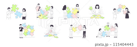 People Assembling Jigsaw Puzzle Connecting Mosaiced Pieces Together Vector Set 115404443