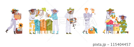 Equipped Beekeeper or Apiarist Gathering Sweet Honey from Beehive Vector Set 115404457