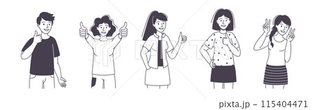 People Character Showing Positive Hand Gesture Demonstrating Emotion Outline Vector Set 115404471