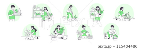 People Character Planting Growing and Cultivating House Greenery Outline Vector Set 115404480