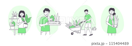 People Character Planting Growing and Cultivating House Greenery Outline Vector Set 115404489