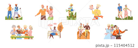 Pensioner Characters Engaged in Different Hobby Activity on Retirement Vector Set Pensioner Characters Engaged in Different Hobby Activity on Retirement Vector Set 115404512
