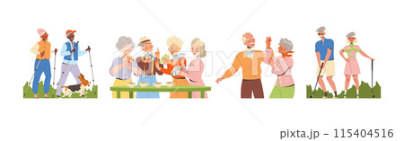 Pensioner Characters Engaged in Different Hobby Activity on Retirement Vector Set 115404516